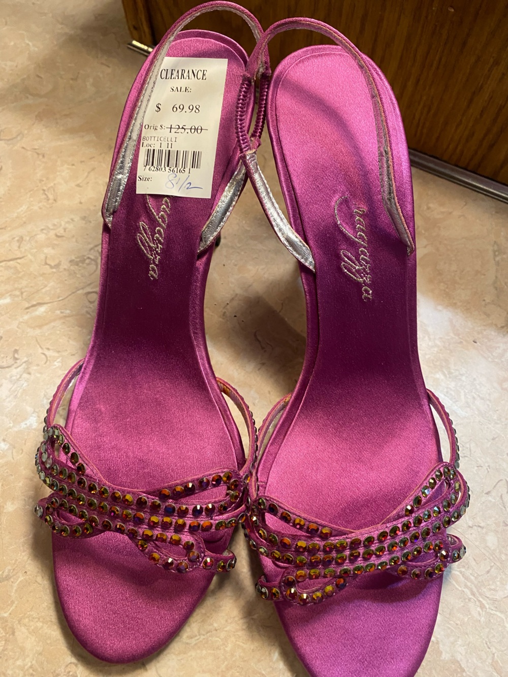 Roberto Botticelli Fuchsia Satin Slingback Heels with Crystal Accents